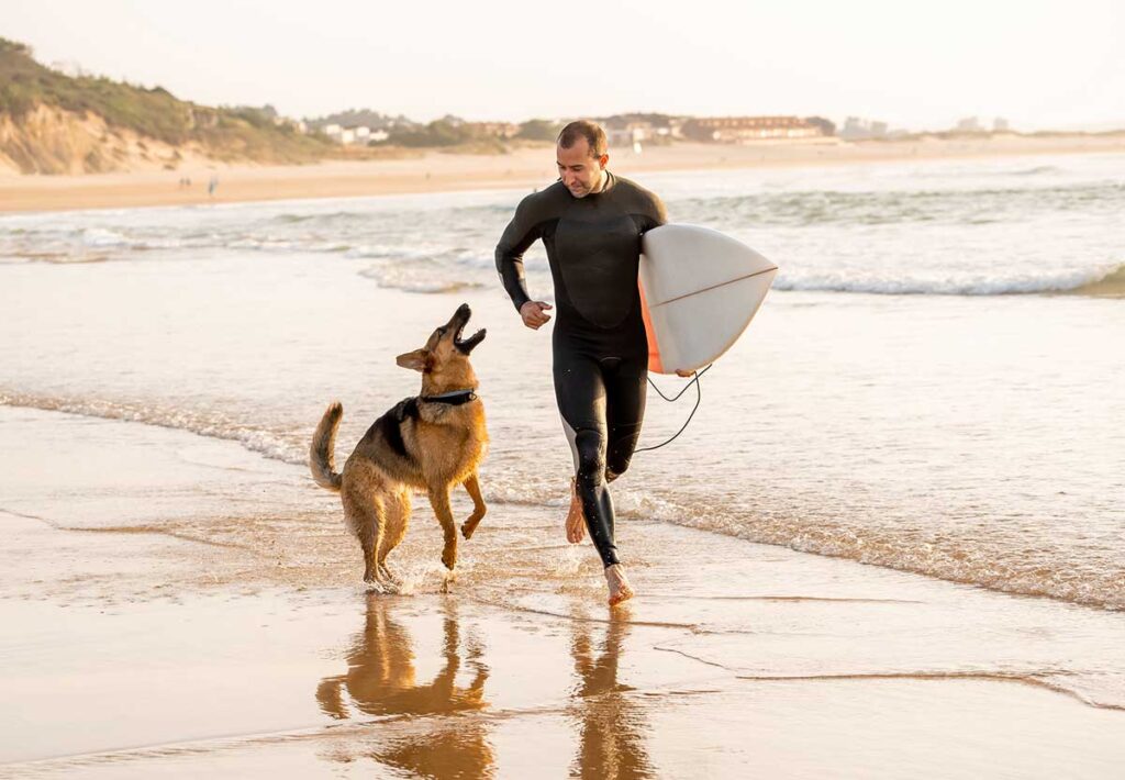 man in wetsuit jogging with surfboard and dog on beach